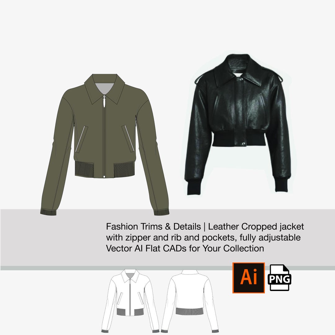 Fashion CAD Template | Adobe Illustrator Sketch: Leather Cropped Jacket ...