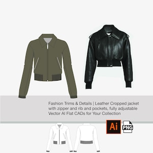 Mode CAD Vorlage | Adobe Illustrator Sketch: Leder kurze Jacke, mit Rippe, Taschen und Kragen, AI, CADS, Vektor