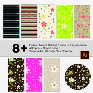 Puede incluir: Ocho patrones sin costuras para adornos y detalles de moda. Los patrones incluyen rayas, lunares y diseños florales en varios colores, incluidos el negro, el blanco, el rosa, el verde y el marrón. Los patrones son totalmente ajustables y se pueden utilizar para una variedad de proyectos.