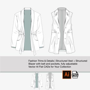 May include: Line art illustration of a white blazer and vest with a belt. The blazer has a long, flowing design with pockets and a belt. The vest has a double-breasted closure and a belt. The text "Fashion Trims & Details | Structured Vest + Structured Blazer with belt and pockets, fully adjustable Vector Al Flat CADs for Your Collection" is below the image. The text "Ai PNG" is in the bottom right corner of the image.