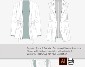 2+ Fashion CAD Template | Adobe Illustrator Sketch: Structured Vest and Blazer, with belt, details and pockets, fully adjustable