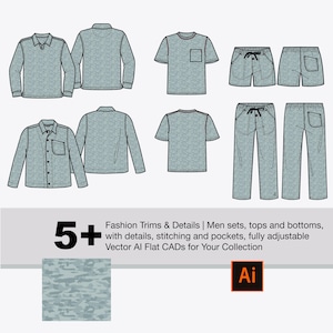 May include: A set of five flat vector illustrations of men's clothing designs. The designs include a long-sleeve shirt, a short-sleeve shirt, a jacket, a pair of shorts, and a pair of pants. The clothing is all in a light blue color with a subtle pattern. The text "5+ Fashion Trims & Details | Men sets, tops and bottoms, with details, stitching and pockets, fully adjustable Vector Al Flat CADs for Your Collection" is at the bottom of the image. The Adobe Illustrator logo is also at the bottom of the image.