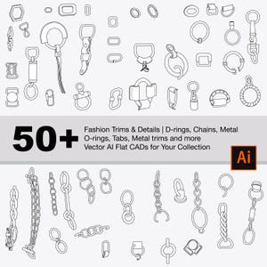 Puede incluir: Una colección de más de 50 dibujos en blanco y negro de adornos y detalles de moda metálicos, incluyendo anillas en D, cadenas, anillas en O, pestañas y más. Vectores AI planos CAD para tu colección.