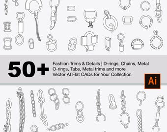 50+ Illustrator Fashion Trims Collection: D-ringar, O-ringar, kedjor, flikar och detaljer, perfekt för tekniska väskor och designprojekt