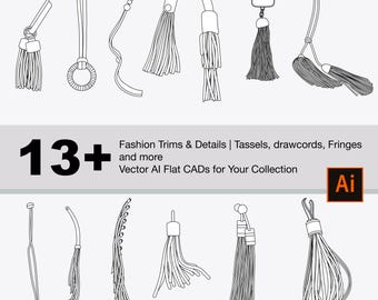 13+ Illustrator Fashion Trims Collection: Tassels, cords and hanger loops for design projects and tech packs. CADs AI Vector