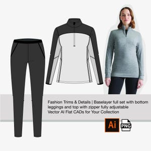 Puede incluir: Una ilustración plana de un conjunto de base layer para mujer, que incluye una camiseta de manga larga con cremallera y un pantalón de yoga. La camiseta es gris con detalles negros, y el pantalón de yoga es negro. La ilustración está etiquetada como "Fashion Trims & Details | Baselayer full set with bottom leggings and top with zipper fully adjustable Vector Al Flat CADs for Your Collection" e incluye los logotipos "Ai" y "PNG".