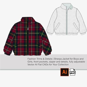 May include: A flat illustration of a red and black plaid sherpa jacket with a zipper closure and front pockets. The jacket is shown in a vector format, suitable for use in fashion design.
