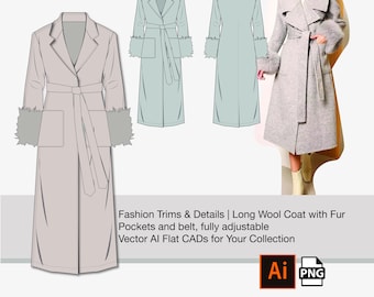 May include: A long wool coat with fur trim on the cuffs and pockets. The coat has a belt and is fully adjustable. The coat is shown in a light gray color.