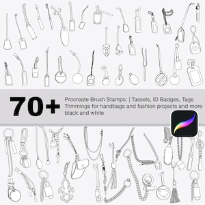 May include: A collection of black and white line drawings of tassels, ID badges, and tags. The image features diverse designs, including chain, beaded, and leather styles. Text on the image reads "70+ Procreate Brush Stamps: Tassels, ID Badges, Tags Trimmings for handbags and fashion projects and more black and white."