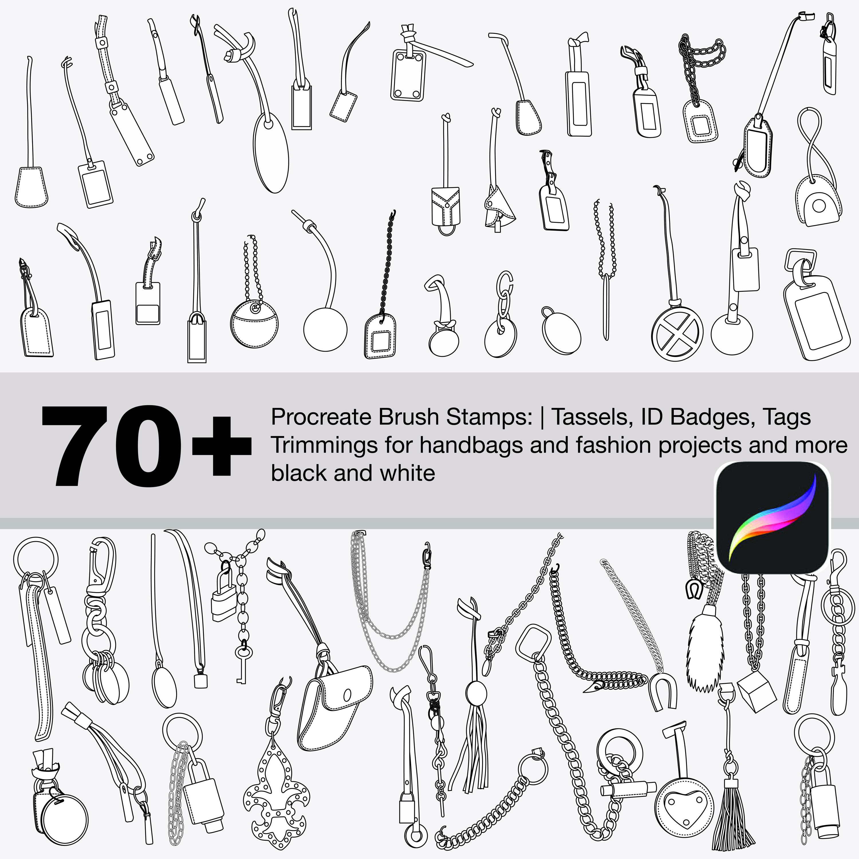 Procreate Brush Stamps: Tassels, ID Badges, Tags, Charms, Chains & Trimmings (Black & White Set)