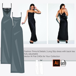 Fashion CAD Template | Adobe Illustrator Sketch: Long Slip dress with back ties, fully adjustable, front and back design, flat drawing