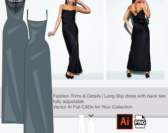 Plantilla CAD de moda / Adobe Illustrator Sketch: Vestido lencero largo con lazos en la espalda, totalmente ajustable, diseño delantero y trasero, dibujo plano