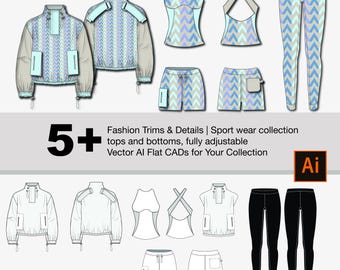 5+ Fashion CAD Template | Adobe Illustrator Sketch: Gym outfit top and bottoms, jacket, leggings, shorts, cropped tops