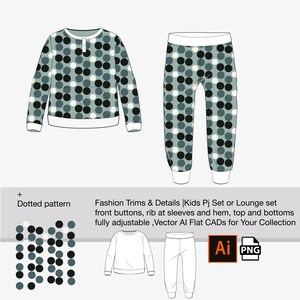 May include: A two-piece kids' pajama set with a dotted pattern. The long-sleeved top has front buttons and a white hem. The matching pants have a white waistband and cuffs. The set is in shades of gray, black, and white.