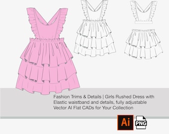 Plantilla CAD de moda / Adobe Illustrator Sketch: vestido, top y falda de niña, CADS, dibujos planos, AI