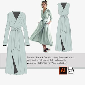 May include: A flat illustration of a wrap dress with a long and short sleeve option. The dress has a belt and a slit on the side. The dress is light blue.
