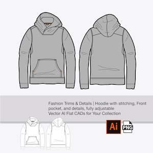 Può includere: Un design di felpa con cappuccio grigia, con vista anteriore e posteriore. Presenta un cappuccio, una tasca frontale e dettagli di cucitura. L'immagine include il testo "Fashion Trims & Details | Hoodie with stitching, Front pocket, and details, fully adjustable Vector AI Flat CADs for Your Collection."