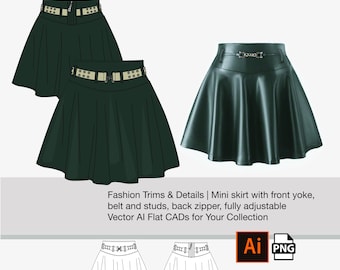 May include: A digital illustration of a mini skirt with a front yoke, belt, and studs. The skirt has a back zipper and is fully adjustable. The illustration is in green and white.