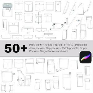 Carimbos de pincel Procreate: bolsos, bolsos cargo, bolsos jeans, bolsos deslizantes, bolsos com aba, bolsos com zíper, bolsos de remendo e muito mais