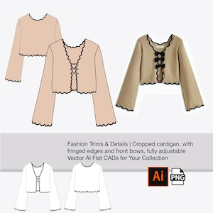 May include: A beige cropped cardigan with black trim and scalloped edges. The cardigan has long sleeves and is decorated with black bows. The image also includes a technical drawing of the cardigan and the text "Fashion Trims & Details".