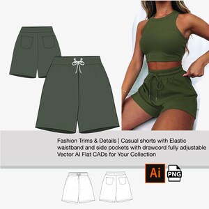 May include: A flat illustration of a pair of green shorts with an elastic waistband and side pockets. The shorts have a drawstring and are shown on a model. The image includes the text "Fashion Trims & Details | Casual shorts with Elastic waistband and side pockets with drawcord fully adjustable Vector Al Flat CADs for Your Collection Ai PNG".