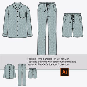 May include: A flat illustration of a pajama set for men. The set includes a long-sleeved shirt with a button-up front and a pair of pants with an elastic waistband. The pajamas are a light blue color with a subtle pattern.