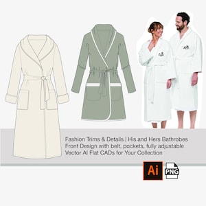 Puede incluir: Una ilustración plana de dos batas de baño, una en blanco y otra en verde. Ambas batas tienen un cinturón, bolsillos y un cuello chal. El texto "Fashion Trims & Details | His and Hers Bathrobes Front Design with belt, pockets, fully adjustable Vector Al Flat CADs for Your Collection" está debajo de la ilustración.