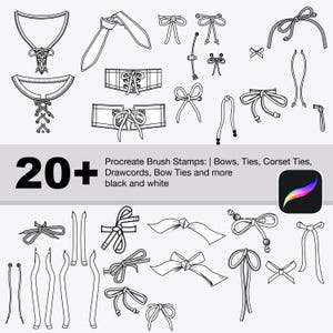 Pode incluir: Carimbos de pincel Procreate em preto e branco com vários designs de laços, laços de espartilho, cordões e gravatas borboleta. A imagem inclui o texto "20+" e "Procreate Brush Stamps: | Bows, Ties, Corset Ties, Drawcords, Bow Ties and more black and white."