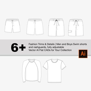 May include: Line art illustrations of six different swim shorts and two shirts. The swim shorts have various pockets and drawstring details. The shirts are a long-sleeve rashguard and a short-sleeve t-shirt. The text "6+ Fashion Trims & Details | Men and Boys Swim shorts and rashguards, fully adjustable Vector Al Flat CADs for Your Collection Ai" is at the top of the image.