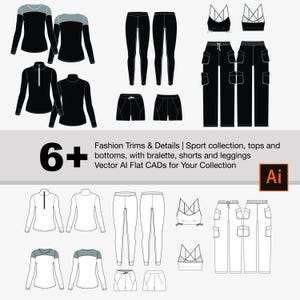 Puede incluir: Un conjunto de 10 ilustraciones vectoriales de diseños de ropa para una colección deportiva. Los diseños incluyen tops, bottoms, shorts, leggings y un bralette. Las ilustraciones están en blanco y negro y están etiquetadas con el texto "6+ Fashion Trims & Details | Sport collection, tops and bottoms, with bralette, shorts and leggings Vector Al Flat CADs for Your Collection Ai".
