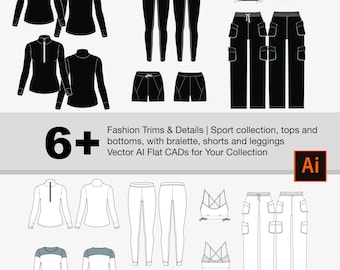 6+ Fashion CAD Template | Adobe Illustrator Sketch: Workout Illustrator Cads outfits front and back, tops and bottoms and base layers.