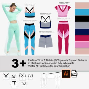 Fashion CAD Template | Adobe Illustrator Sketch:3 outfits top and bottom, in color and black/white. yoga, cropped tops, leggings, shorts