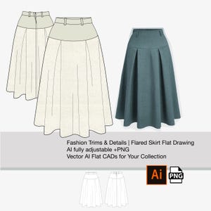 May include: A fashion illustration of a flared skirt in two styles, one in cream and the other in teal. The drawing includes details such as pleats, a waistband, and a belt. Text on the image reads "Fashion Trims & Details | Flared Skirt Flat Drawing".
