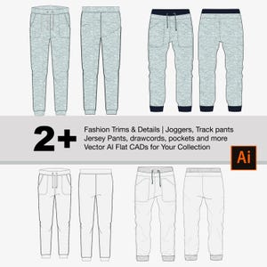 Op de afbeelding: Een set van zes platte schetsen van joggingbroeken met verschillende details, waaronder zakken, trekkoordjes en boorden. De schetsen zijn in zwart-wit en zijn gelabeld met "2+" en "Fashion Trims & Details | Joggers, Track pants Jersey Pants, drawcords, pockets and more Vector Al Flat CADs for Your Collection Ai".