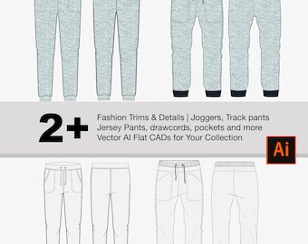 2+ mode CAD-sjabloon | Adobe Illustrator Sketch: Men Jogger Cads 2 in kleur + zwart-wit voor- en achterkant voorbeelden Cads Vector, AI