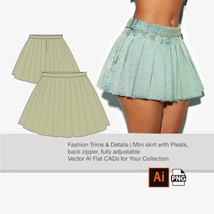 May include: A flat illustration of a mini skirt with pleats and a back zipper. The skirt is shown in two colors: a light green and a light brown. The text "Fashion Trims & Details | Mini skirt with Pleats, back zipper, fully adjustable Vector Al Flat CADs for Your Collection" is displayed below the image. The text "Ai PNG" is displayed in the bottom right corner of the image.