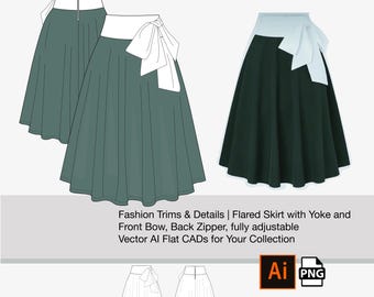 May include: A green flared skirt with a white bow at the front, a back zipper, and a yoke. The skirt is fully adjustable and comes in vector AI flat CADs for your collection.
