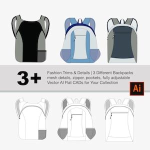 3+ Plantilla CAD de moda / Adobe Illustrator Sketch: Mochilas, con cremalleras, malla y detalles, totalmente ajustables, Vector, AI