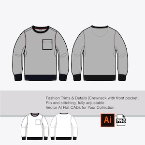 Può includere: Un'illustrazione vettoriale piatta di una felpa girocollo grigia con tasca frontale, polsini neri e orlo nero. Viene mostrata anche la vista posteriore della felpa. Il testo recita: Fashion Trims & Details |Crewneck with front pocket, Rib and stitching, fully adjustable Vector AI Flat CADs for Your Collection.
