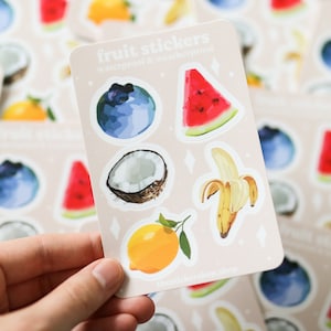 Stickers mini fruits | Imperméable, idée cadeau, feuille d'autocollants, feuille d'autocollants, mignons, tendance, autocollants pour bouteilles d'eau, pastèque, citron, banane