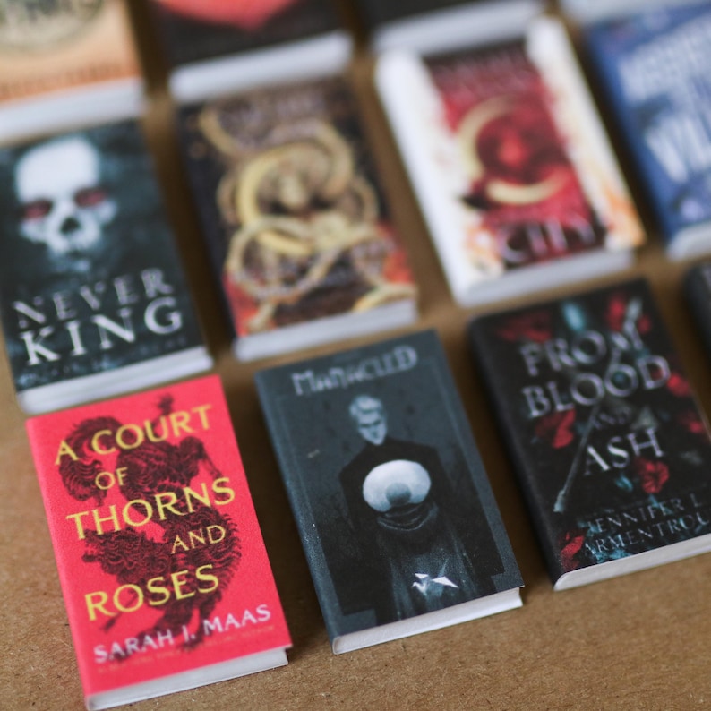 Op de afbeelding: Een verzameling miniatuurboeken met diverse covers. E&eacute;n boek heeft een rode cover met de titel "A Court of Thorns and Roses" en de naam van de auteur. Een ander boek heeft een zwarte cover met de titel "Manacled". Andere boeken hebben titels als "Never King" en "From Blood and Ash".