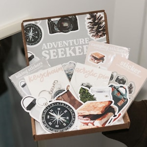 Adventure Seeker Gift Box | laptop decal waterbottle Waterproof, aesthetic, gift idea, outdoorsy, nature, mountain, compass, hiker, camping
