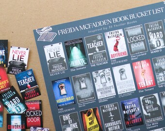 Frieda McFadden Books Bucket List Sticker POSTER || 35 Stickers, Reading Tracker Gift for Book Lovers mini trend thriller mystery nonfiction