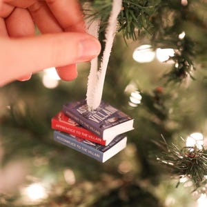 K&ouml;nnte beinhalten: Weihnachtsbaumschmuck mit drei Miniaturb&uuml;chern. Die B&uuml;cher sind gestapelt und tragen Titel wie "Assistant to the Villain", "Apprentice to the Villain" und "Accomplice to the Villain". Die B&uuml;cher sind rot, blau und lila.