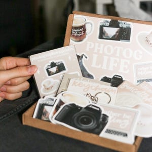 Photographer Gift Box | Waterproof, Photog, Photography, sticker sheet, stickersheet, cute, trendy, mini water bottle stickers, keychain