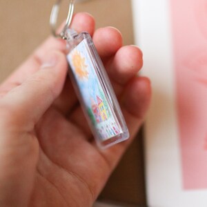 Peut inclure: Un porte-cl&eacute;s en plastique transparent avec un dessin color&eacute; d'une maison et d'un soleil &agrave; l'int&eacute;rieur.