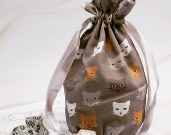 Grey Cat Dice Bag w/ drawstrings | D&D, Dungeons and Dragons, Pathfinder, TTRPG games, table top gaming, RPG, Bag of Holding, Pouch, DnD