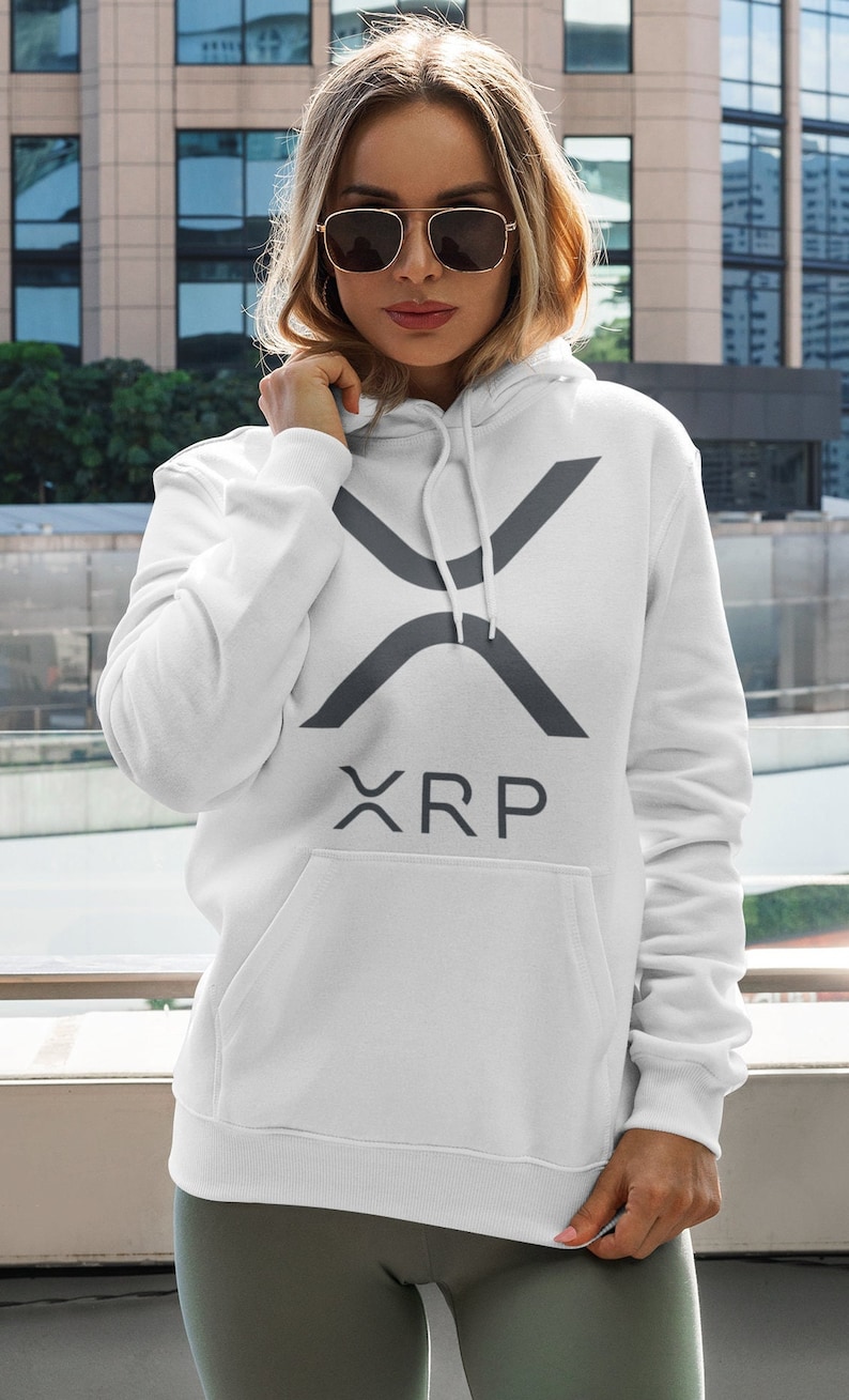 May include: White hooded sweatshirt with a gray XRP logo and the word "XRP" printed below the logo.