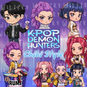 Chibi K-Pop Demon Hunters Characters Clipart | Huntrix & Saja Boys SVG, JPG, PNG Digital Download