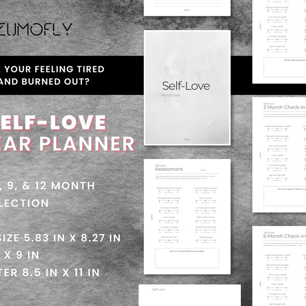 Self-Love One Year Reflection Printable Planner | Mental Health Bundle | Self-Care Kit| Worksheet | Bundle | A5 | 7 x 9 | 8.5 x 11 in